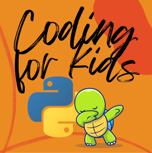 Coding for Kids course artwork featuring the Python logo and a turtle