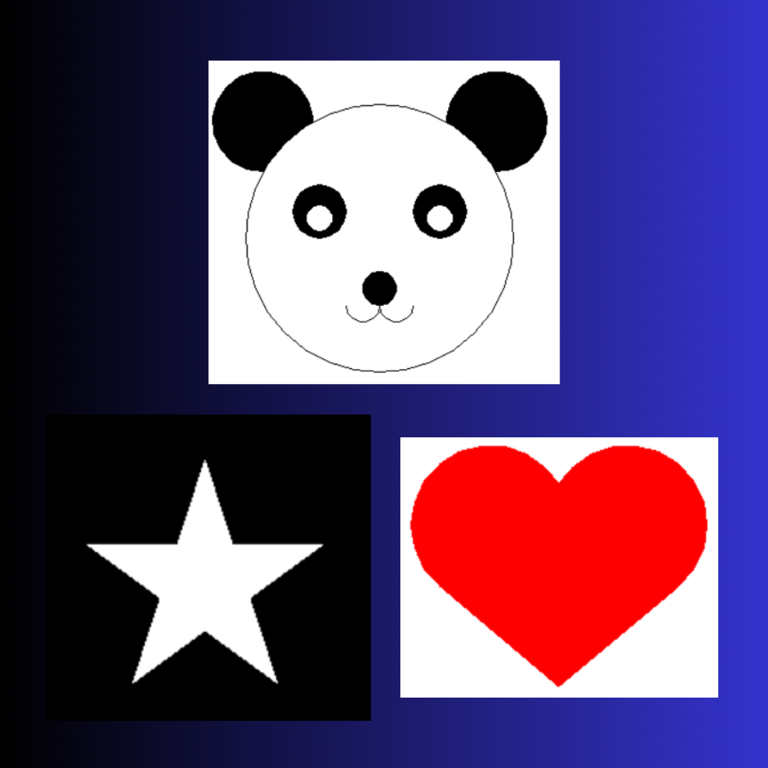 A panda, a star and a heart drawn with Python turtle graphics